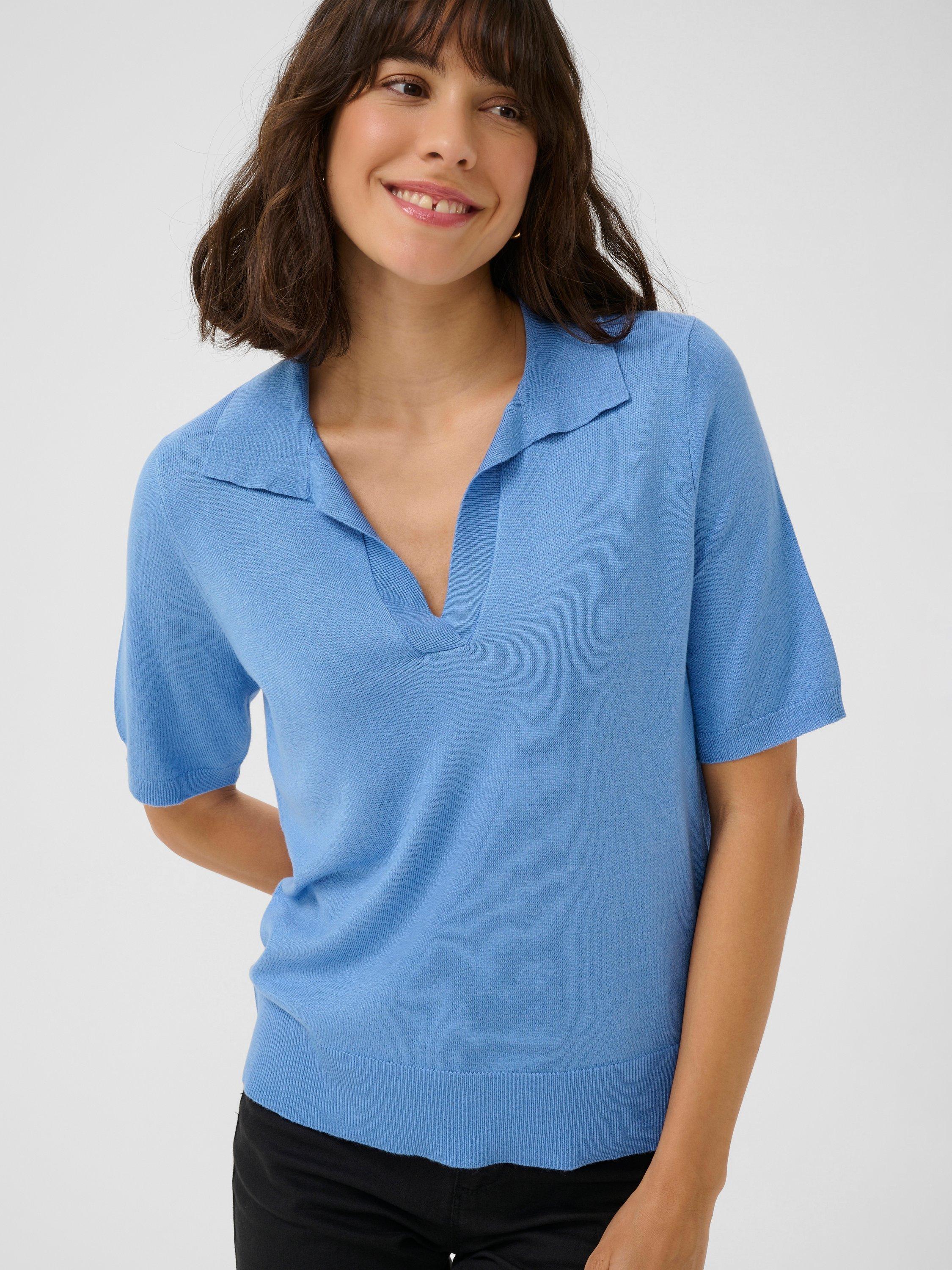 Product image 3 of 5, which shows KAFFE Lizza Rib Knit Polo Neck Short Sleeve Jumper, Ultramarine, XS