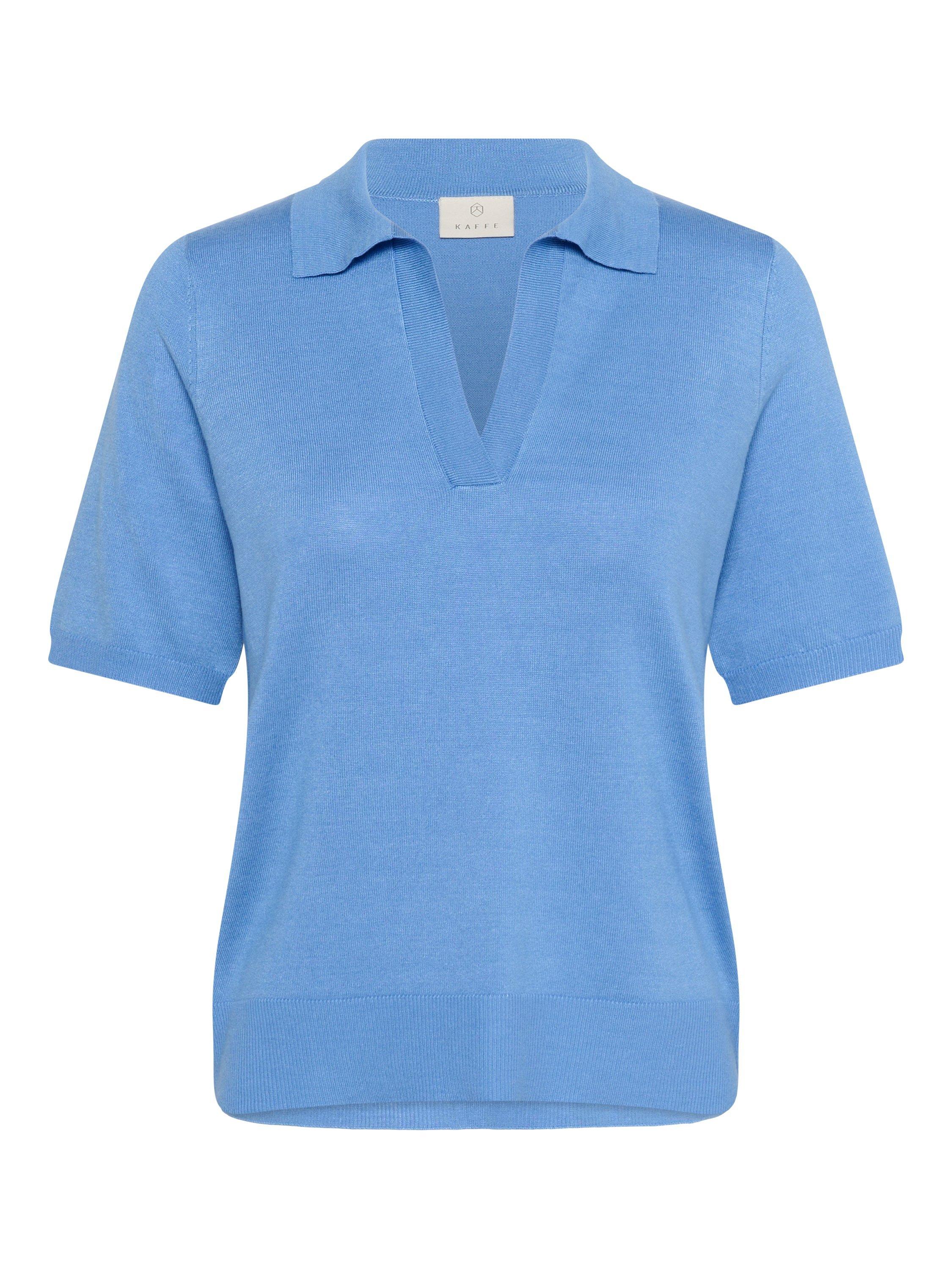 Product image 4 of 5, which shows KAFFE Lizza Rib Knit Polo Neck Short Sleeve Jumper, Ultramarine, XS