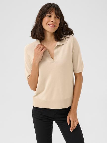 KAFFE Lizza Rib Knit Polo Neck Short Sleeve Jumper, Feather Grey