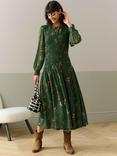 Brora Botanical Shirred Pure Silk Dress, Olive/Malt