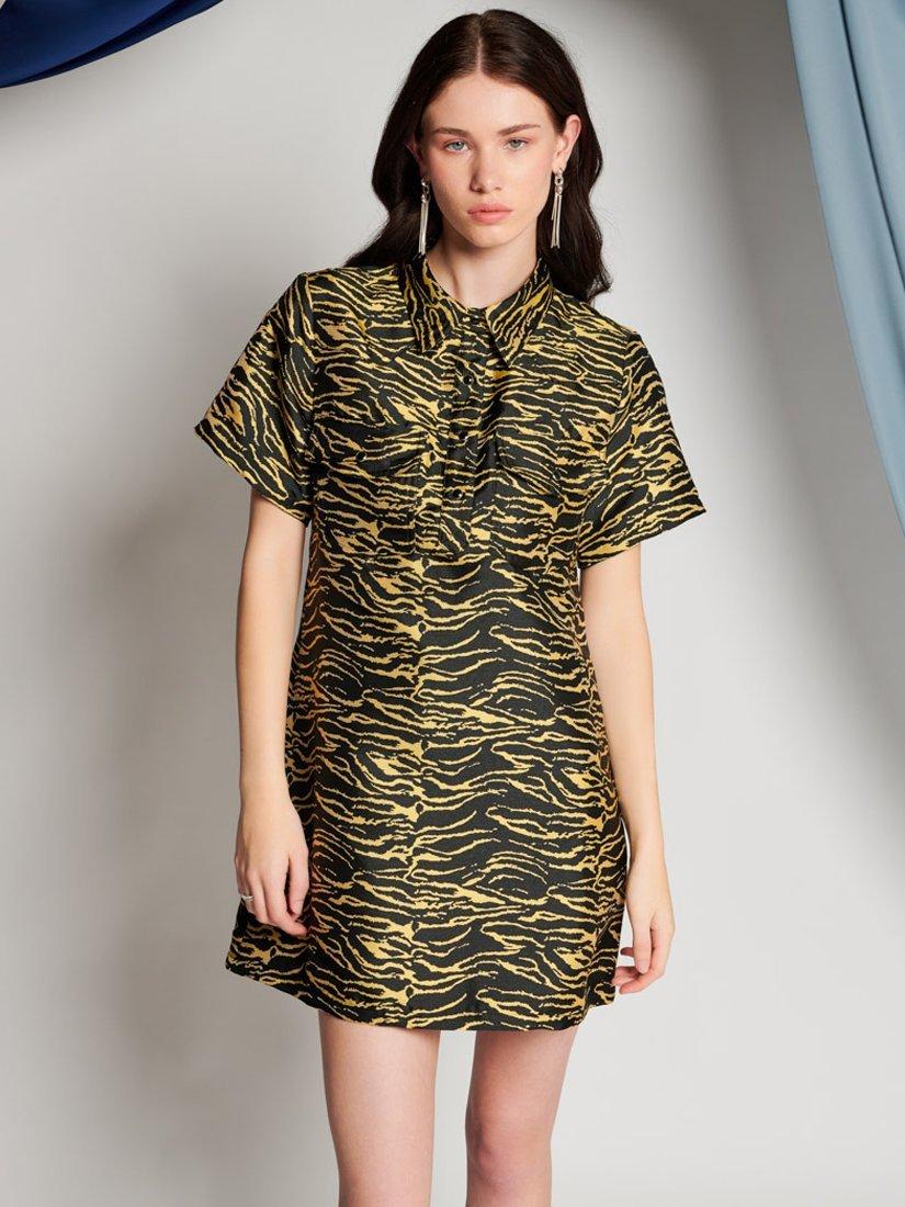 Product image 1 of 6, which shows GHOSPELL Bonnie Zebra Mini Dress, Yellow Leo, 6