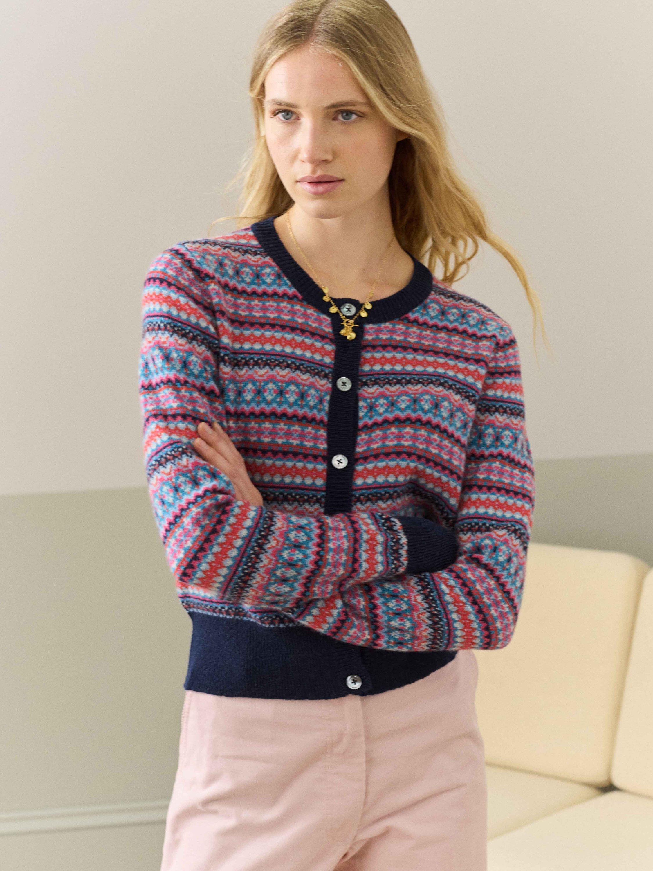 Brora Fair Isle Pure Cashmere Cardigan, French Navy