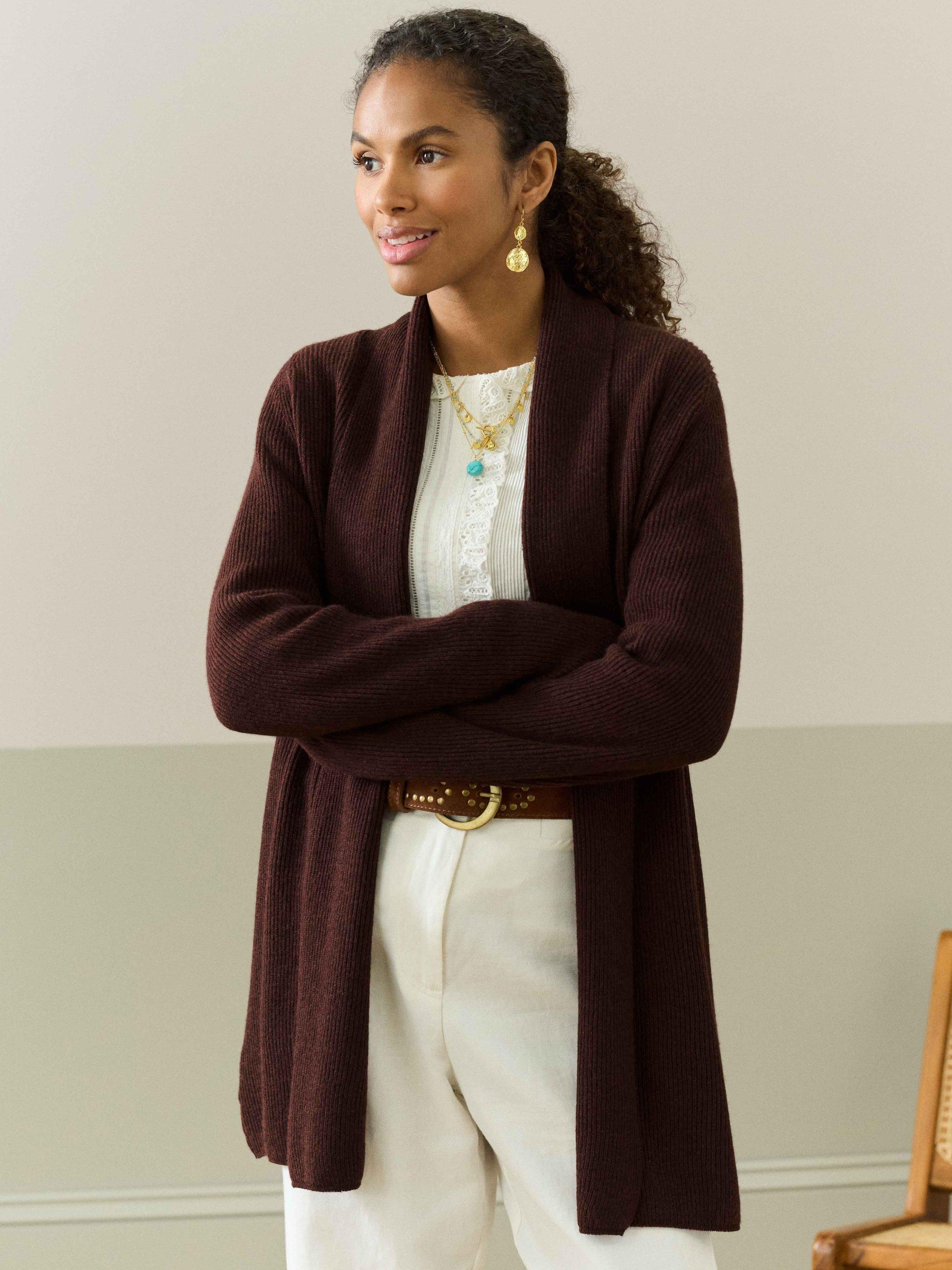 Product image 1 of 5, which shows Brora Ribbed Shawl Neck Pure Cashmere Cardigan, Malt, 8-10