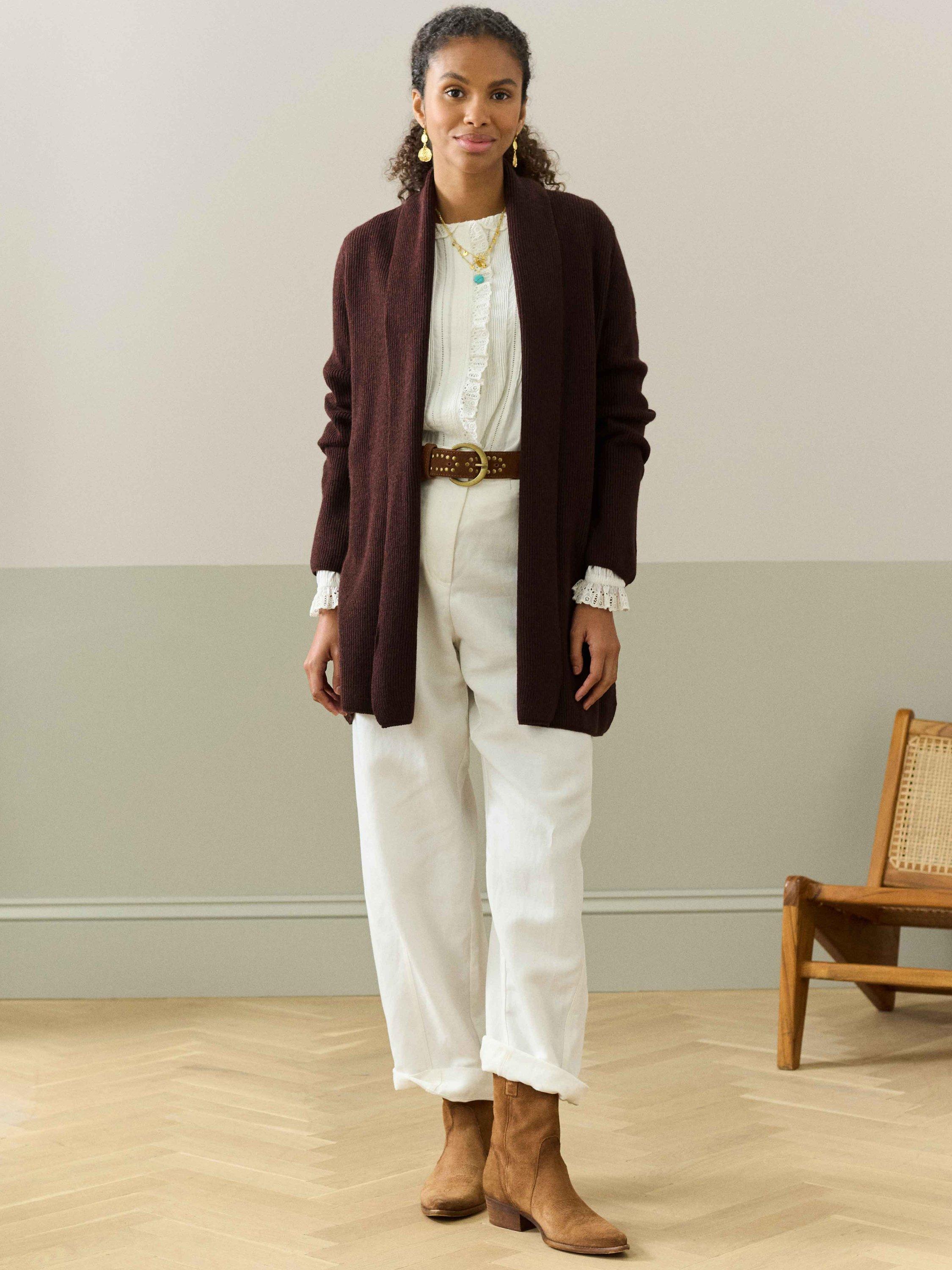 Product image 2 of 5, which shows Brora Ribbed Shawl Neck Pure Cashmere Cardigan, Malt, 8-10