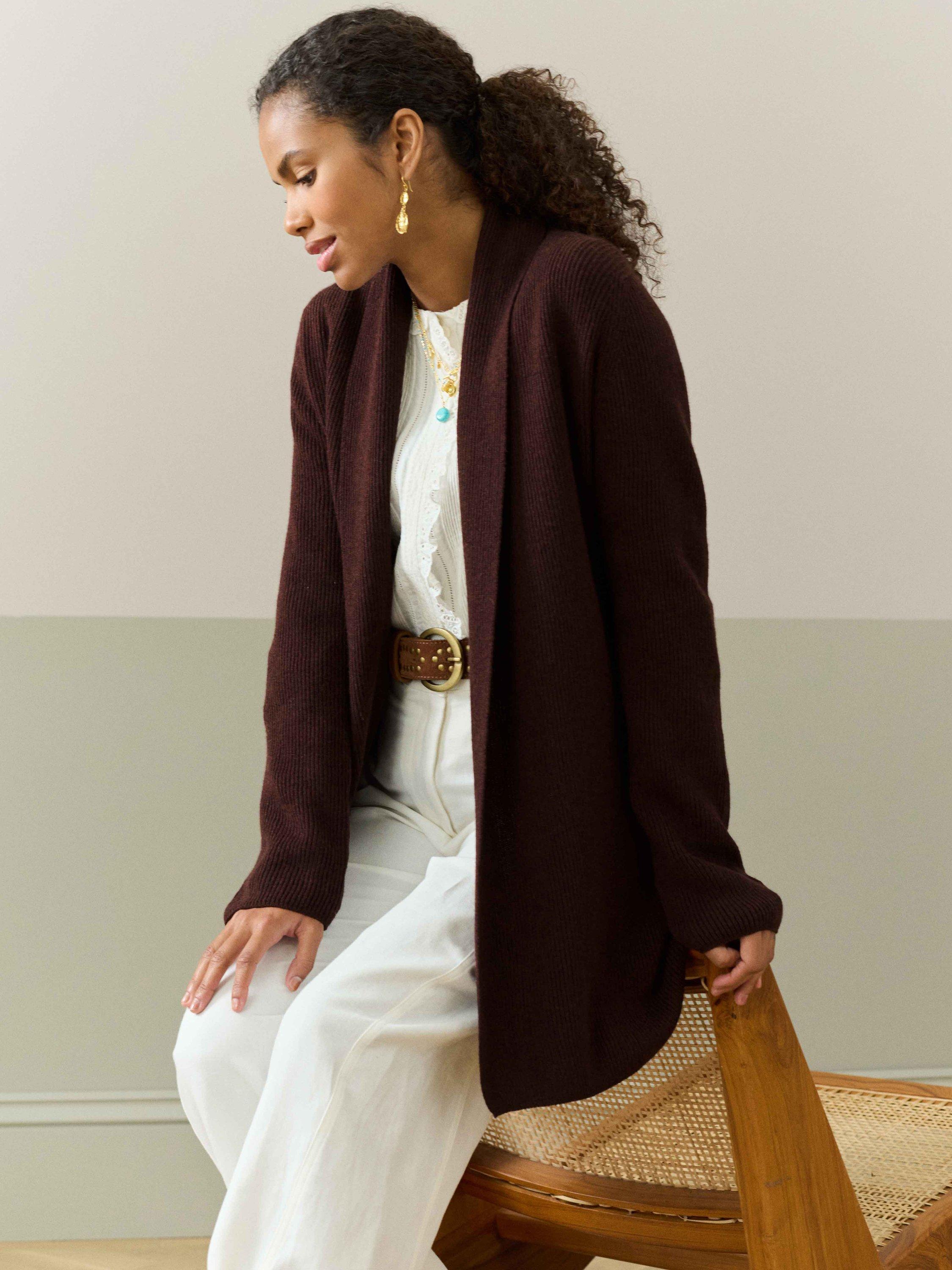 Product image 3 of 5, which shows Brora Ribbed Shawl Neck Pure Cashmere Cardigan, Malt, 8-10