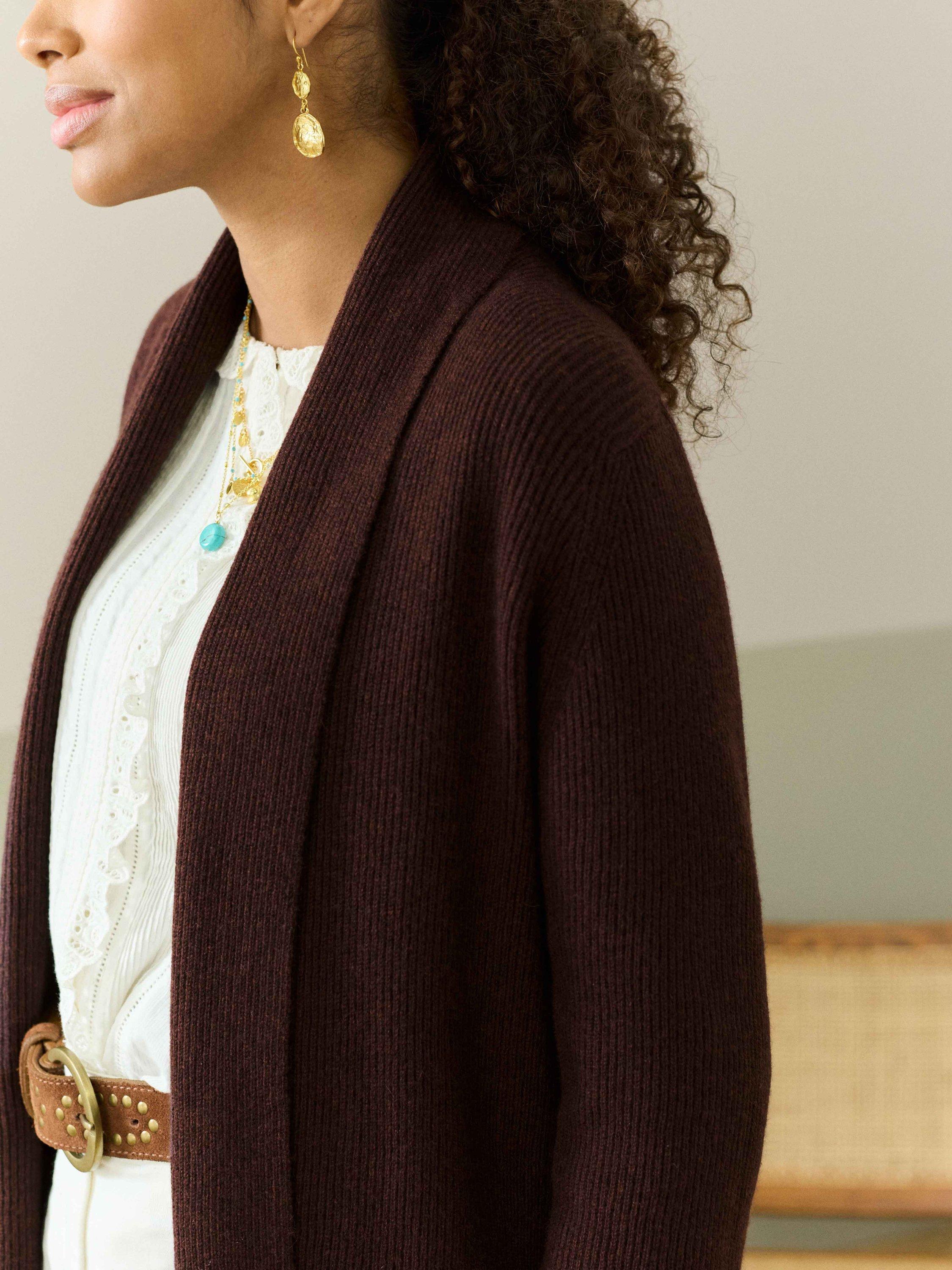 Product image 4 of 5, which shows Brora Ribbed Shawl Neck Pure Cashmere Cardigan, Malt, 8-10