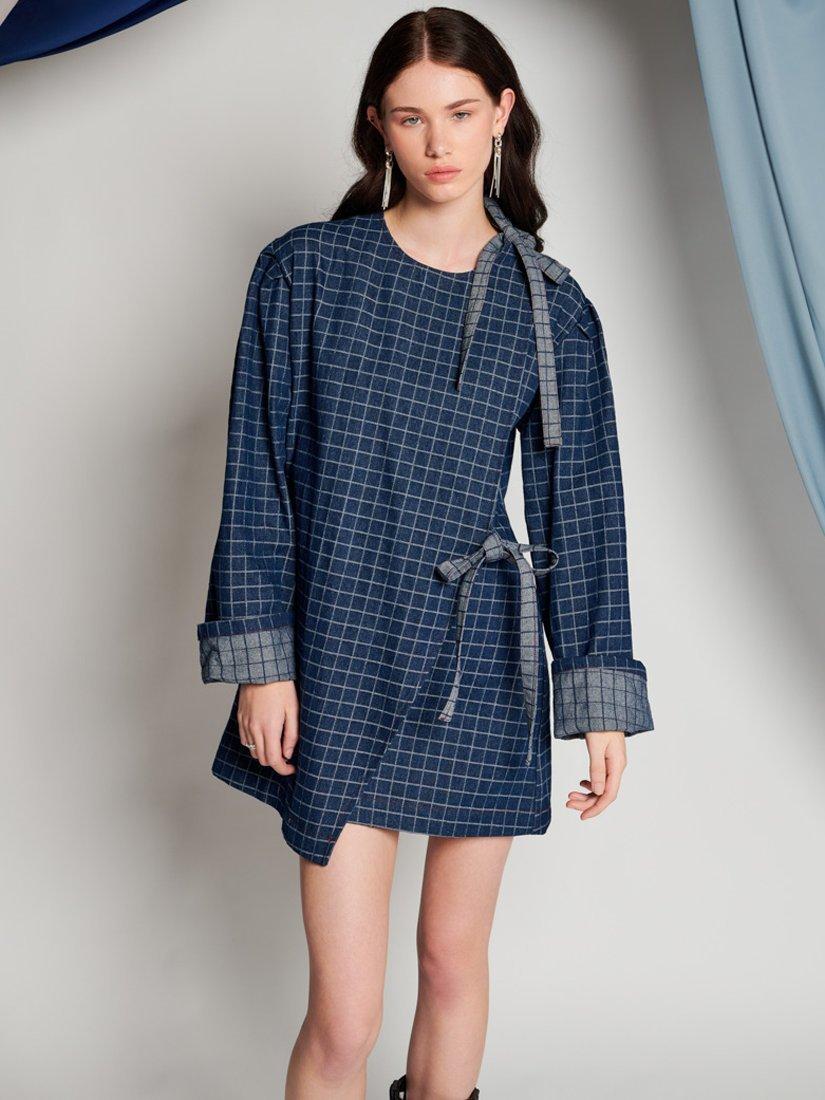 Product image 1 of 6, which shows GHOSPELL Campbell Check Denim Mini Dress, Blue Denim, 6