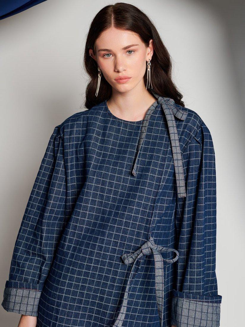 Product image 5 of 6, which shows GHOSPELL Campbell Check Denim Mini Dress, Blue Denim, 6