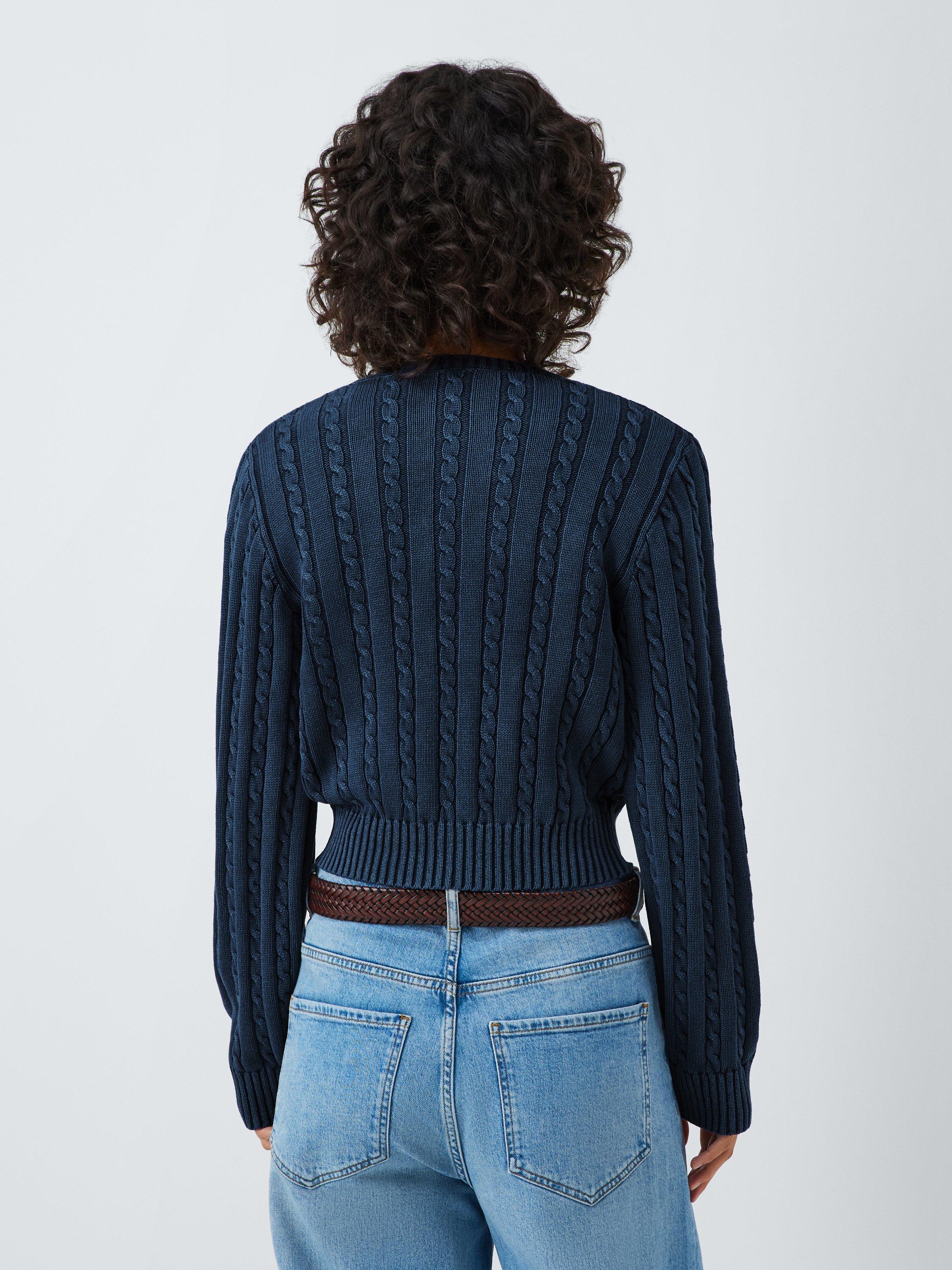 Product image 2 of 6, which shows AND/OR Cable Knit Cropped Cardigan, Washed Blue, XS