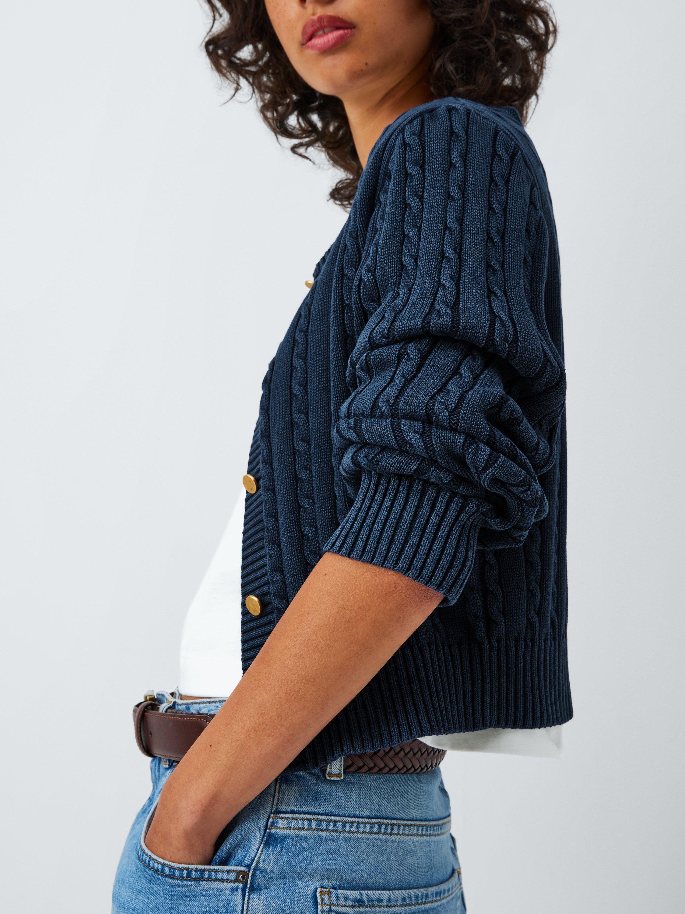 Product image 5 of 6, which shows AND/OR Cable Knit Cropped Cardigan, Washed Blue, XS