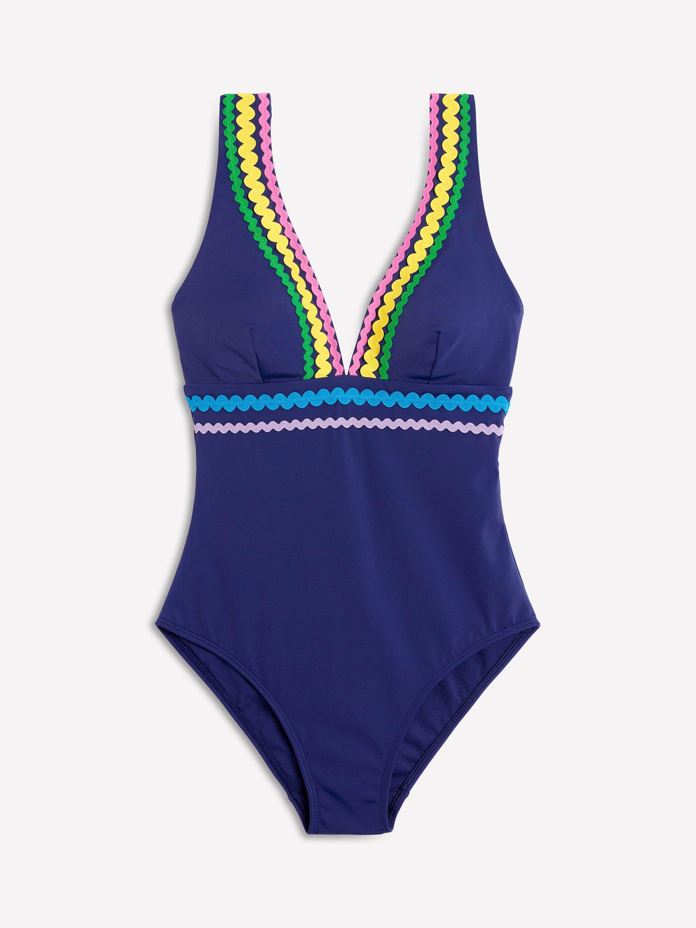 Product image 5 of 6, which shows Boden Porto Ric Rac V-Neck Swimsuit, Navy, 8