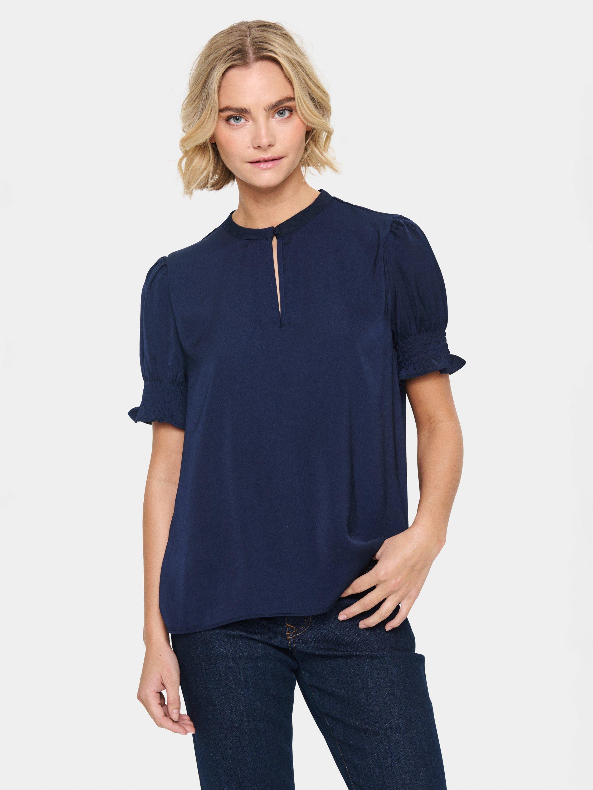 Product image 1 of 6, which shows Saint Tropez Ruffle Sleeve Top, Navy, XS