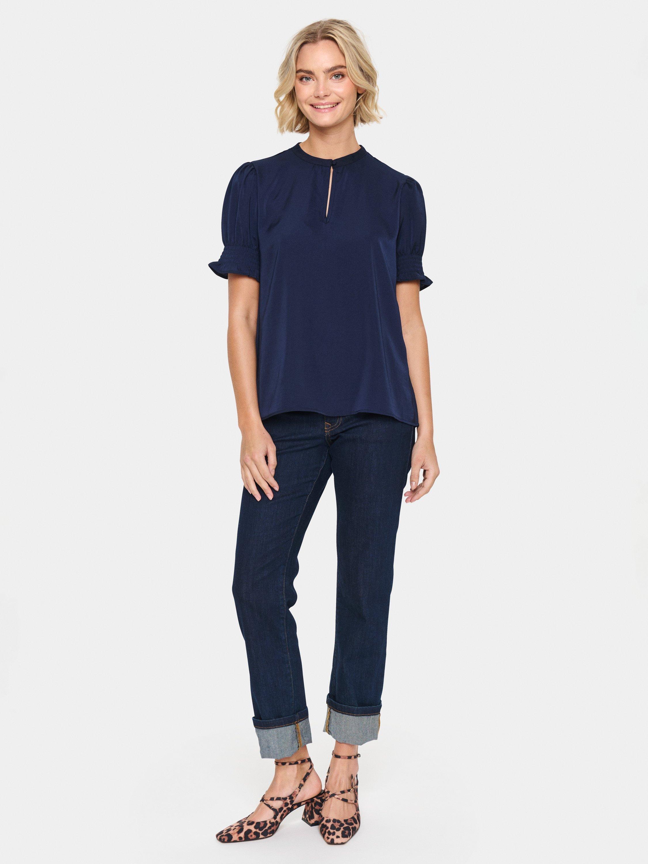 Product image 3 of 6, which shows Saint Tropez Ruffle Sleeve Top, Navy, XS