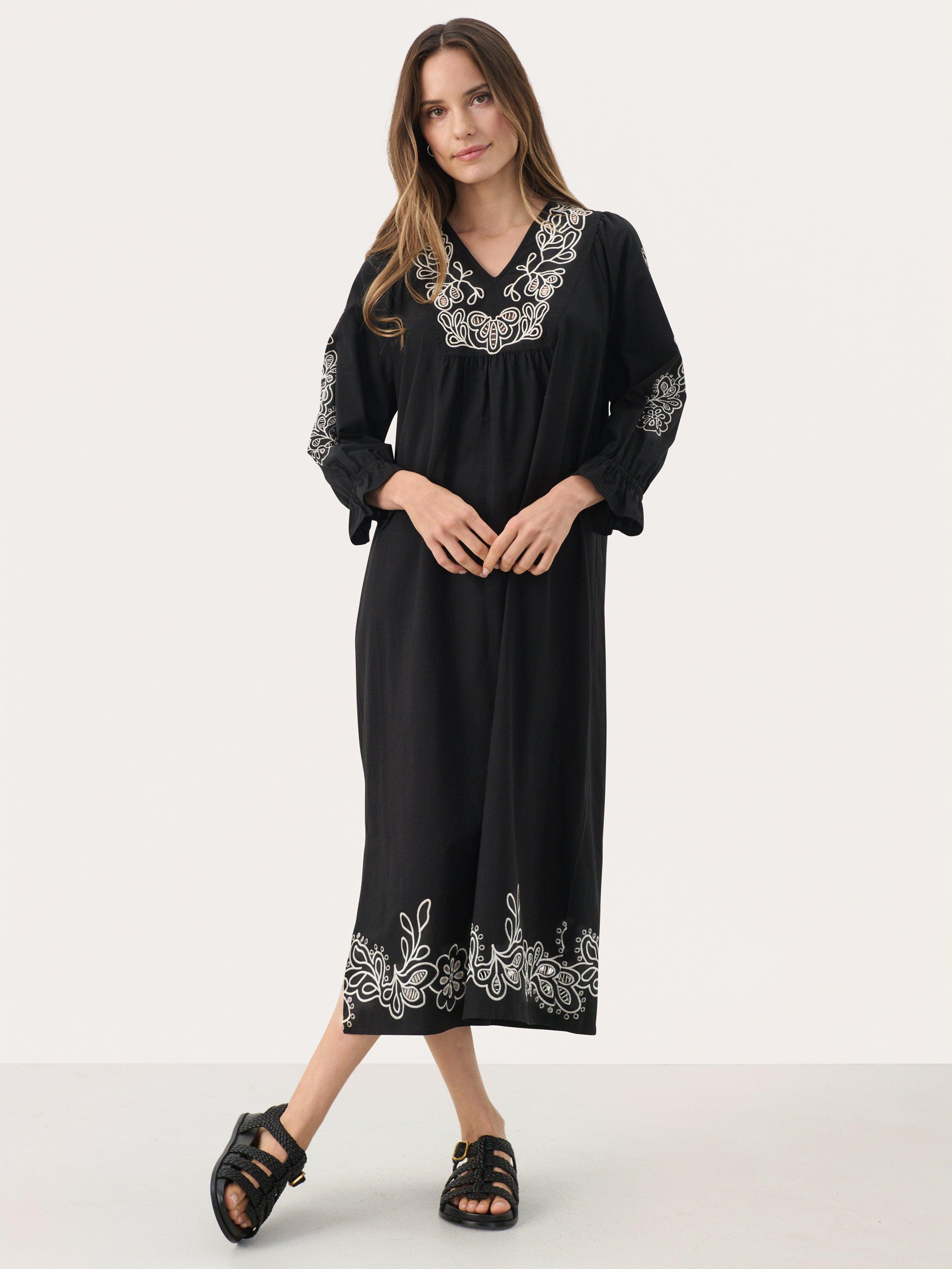 Product image 1 of 6, which shows Part Two Nura Embroidered Loose Fit Midi Dress, Black, 12