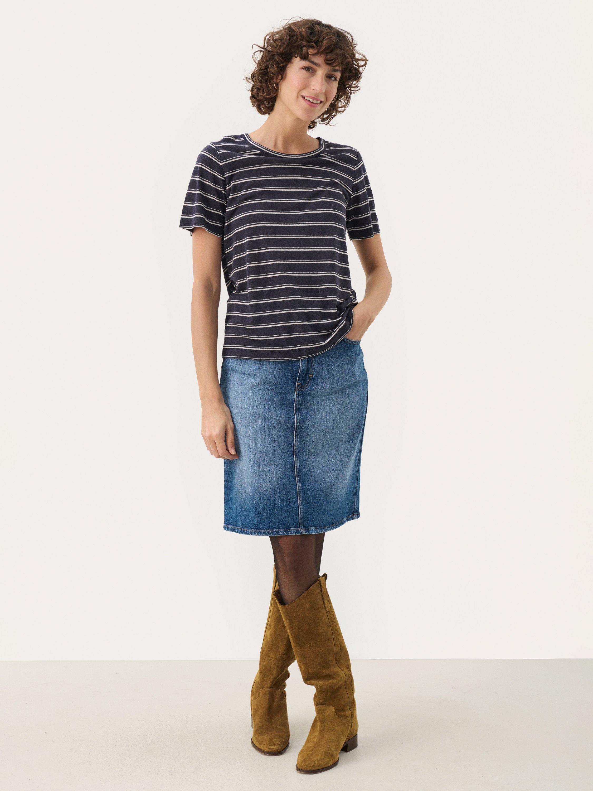 Product image 3 of 6, which shows Part Two Nacima Stripe Linen Rich T-Shirt, Midnight, XS