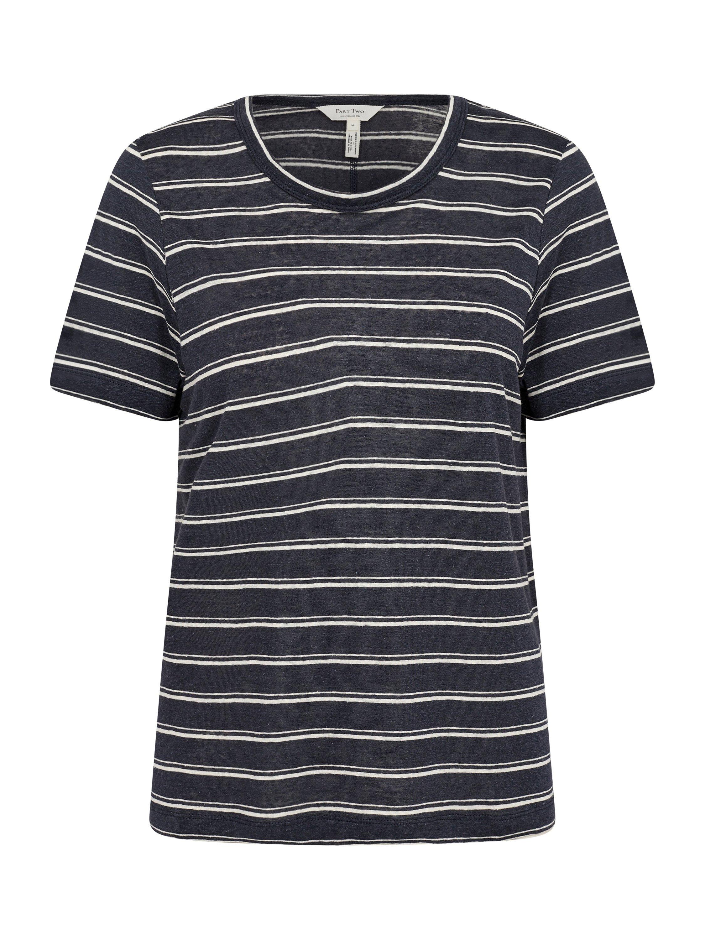 Product image 5 of 6, which shows Part Two Nacima Stripe Linen Rich T-Shirt, Midnight, XS