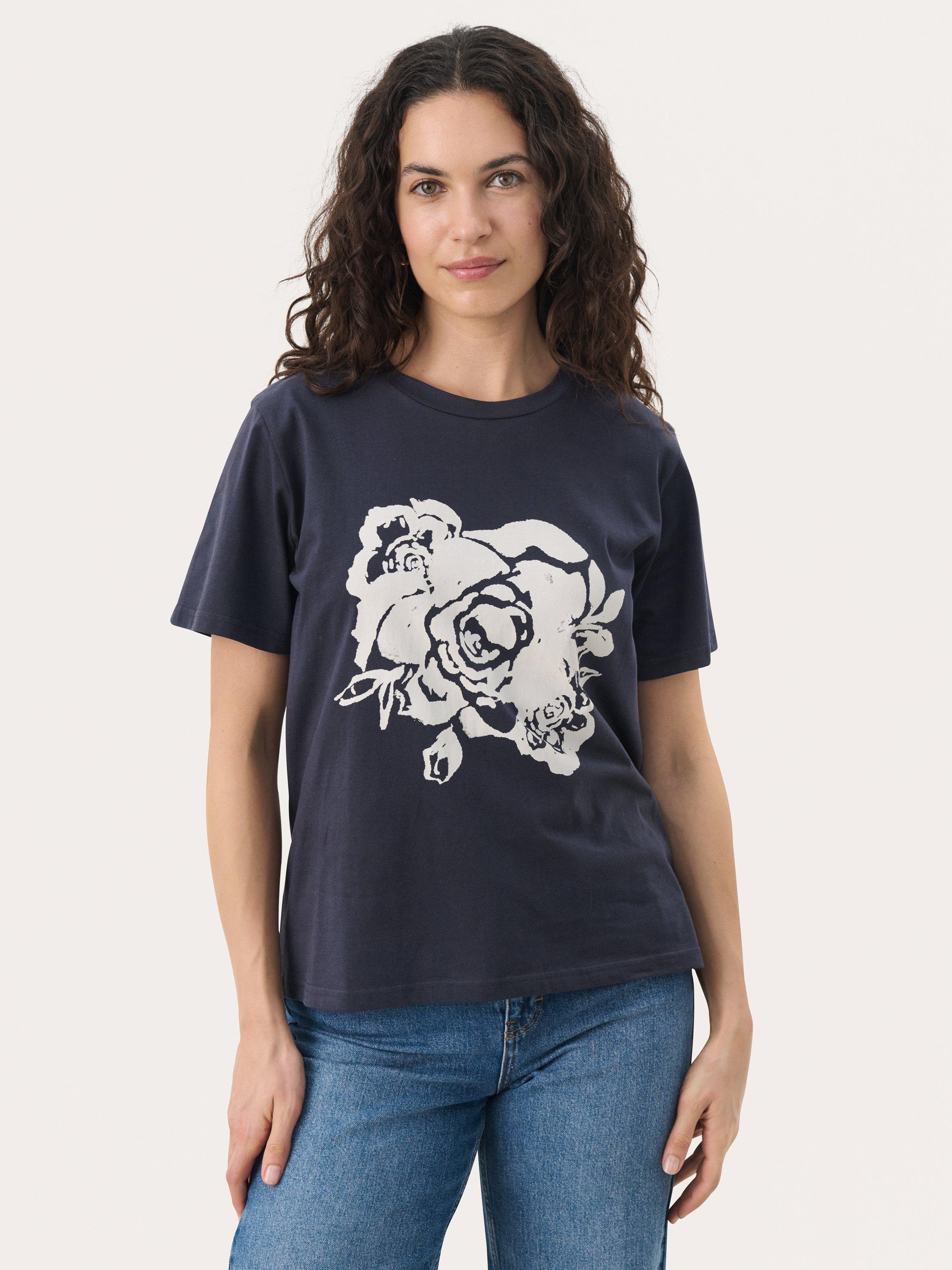 Product image 1 of 6, which shows Part Two Nahid Flower Pure Organic Cotton T-Shirt, Navy, XS