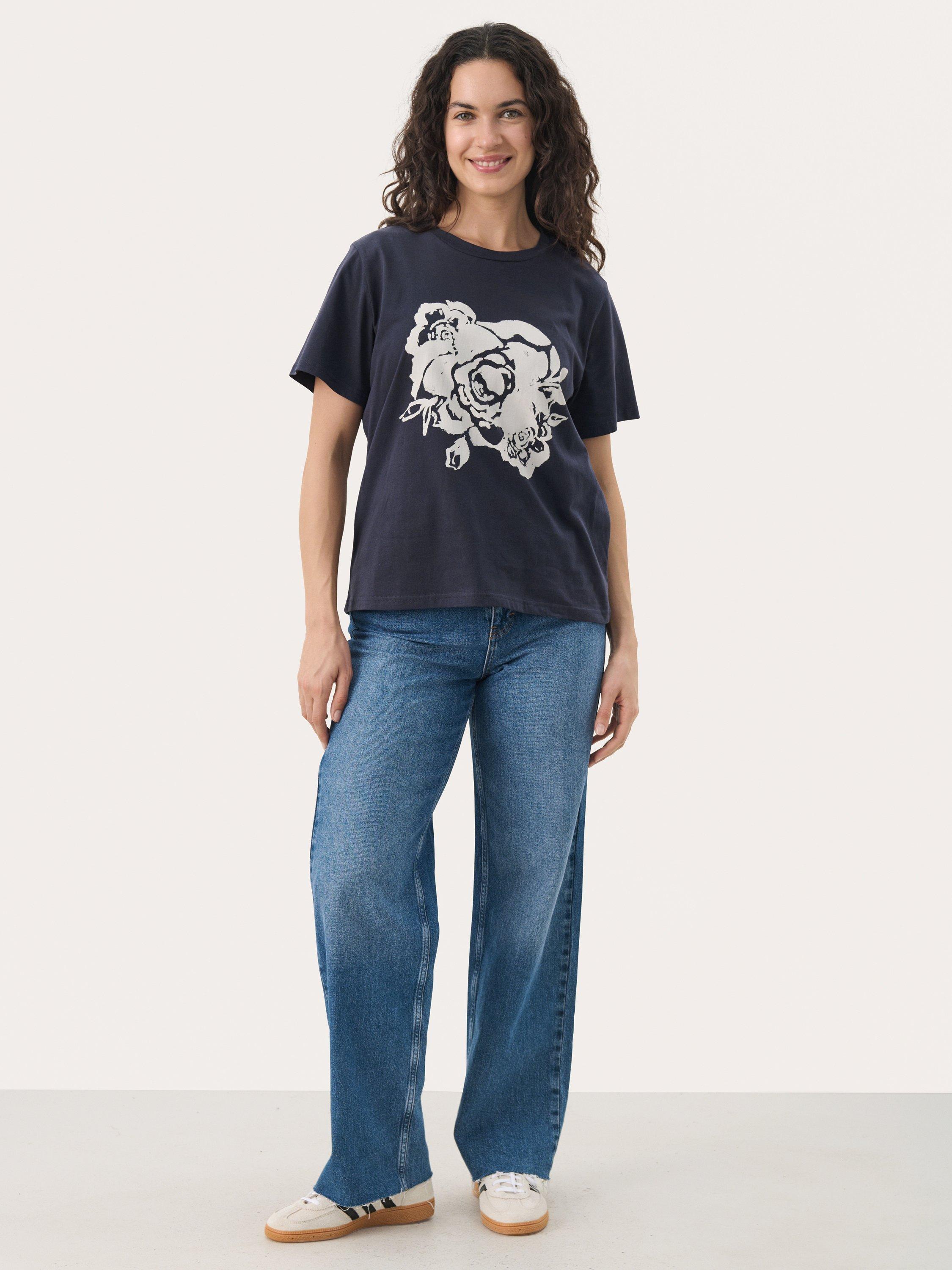Product image 3 of 6, which shows Part Two Nahid Flower Pure Organic Cotton T-Shirt, Navy, XS