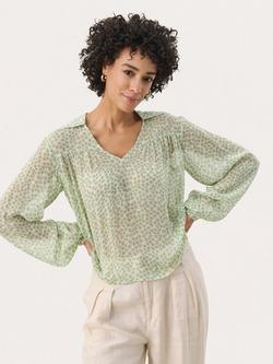 Part Two Nicholina Floral Semi Sheer Collar V-Neck Blouse, Green/Multi, Green/Multi