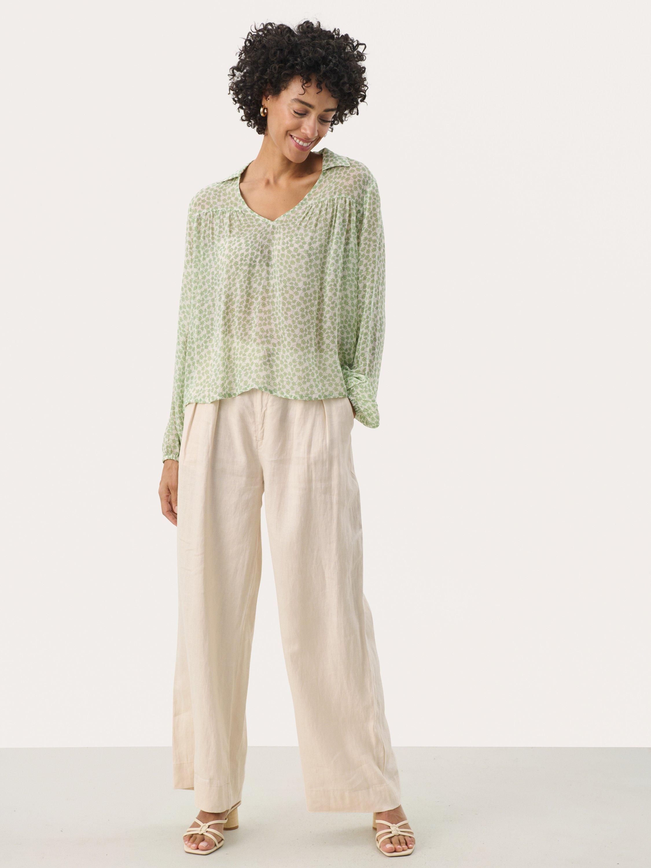 Product image 3 of 6, which shows Part Two Nicholina Floral Semi Sheer Collar V-Neck Blouse, Green/Multi, 8