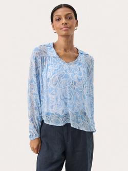 Part Two Nicholina Swirl Semi Sheer Collar V-Neck Blouse, Silver Lake/Multi, Silver Lake/Multi
