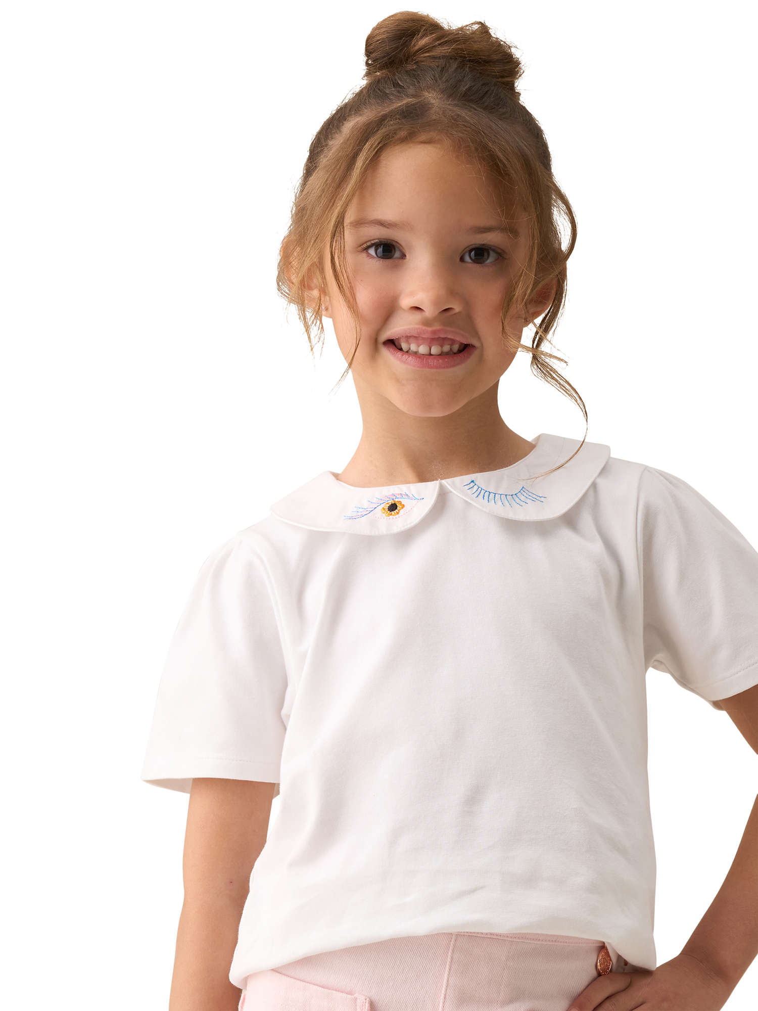 Product image 1 of 7, which shows Angel & Rocket Kids' Peter Pan Collar T-Shirt, White, 3-4 years