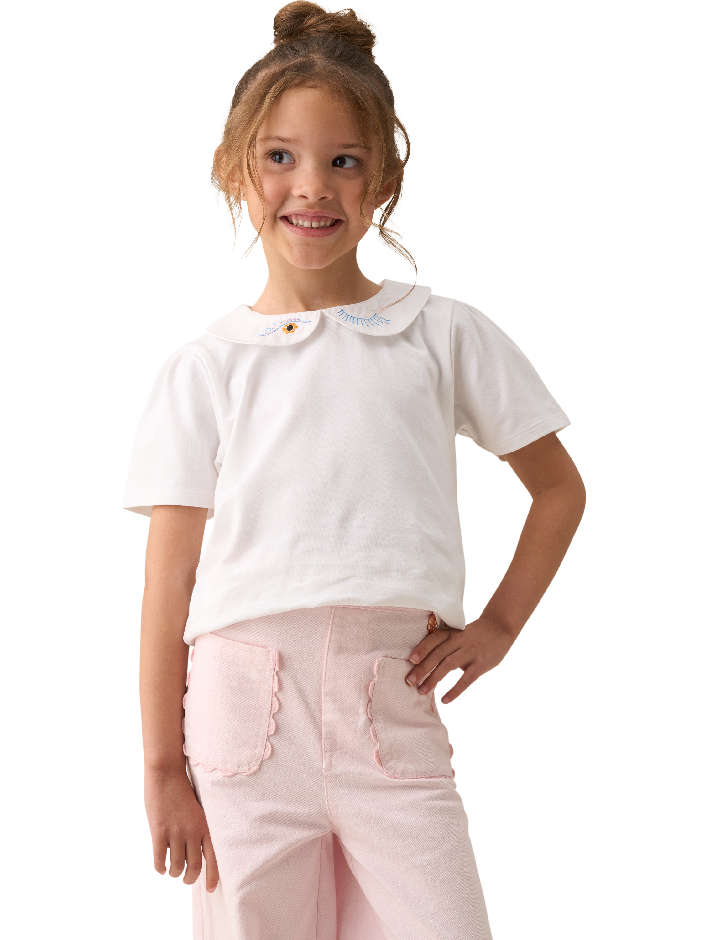 Product image 2 of 7, which shows Angel & Rocket Kids' Peter Pan Collar T-Shirt, White, 3-4 years