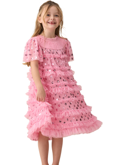 Angel & Rocket Kids' Mesh Frill Dress, Pink - view 2, Pink