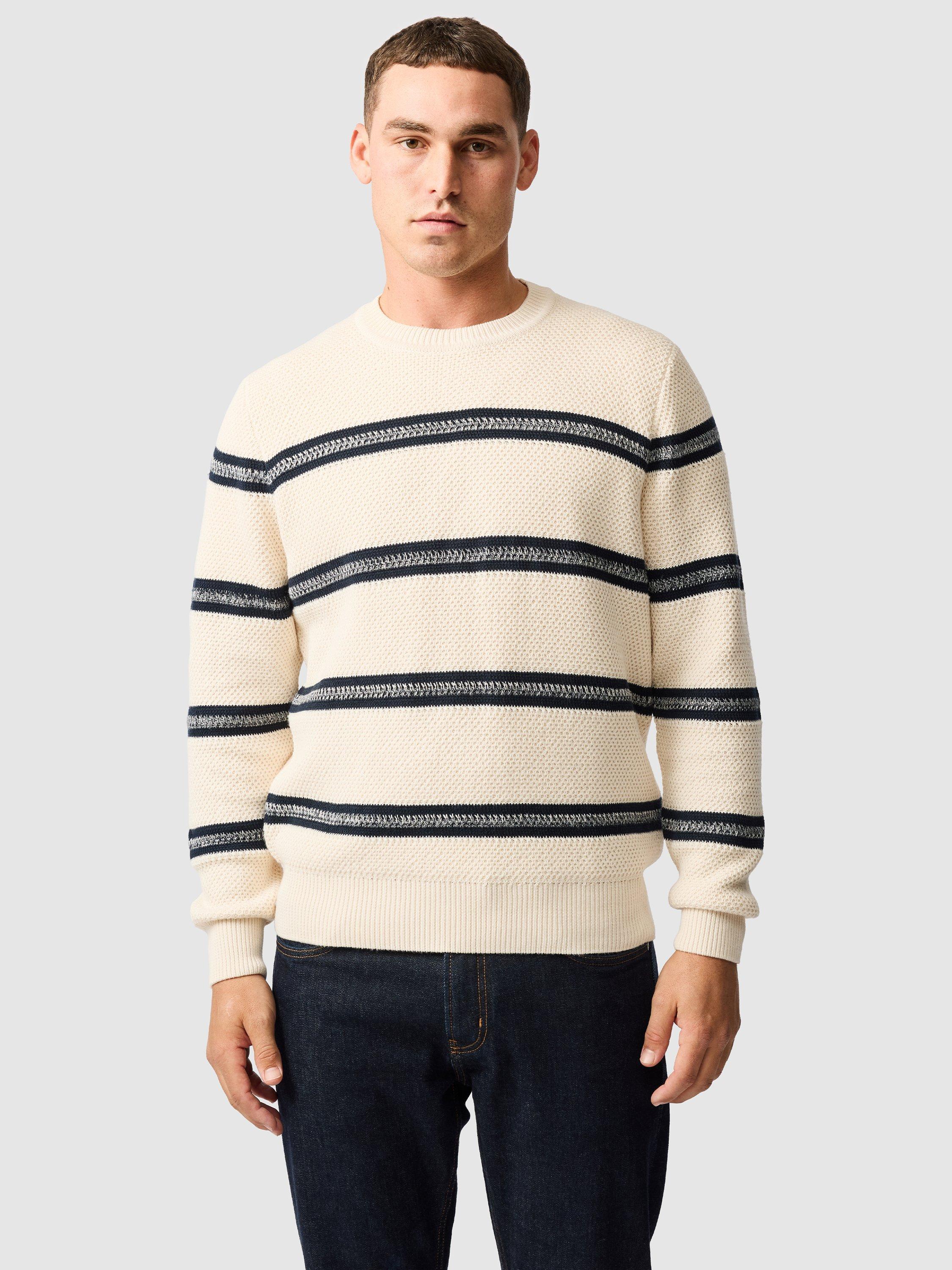 Product image 1 of 5, which shows Rodd & Gunn Highbrook Stripe Knitted Cotton Crew Neck Jumper, Sand, XS