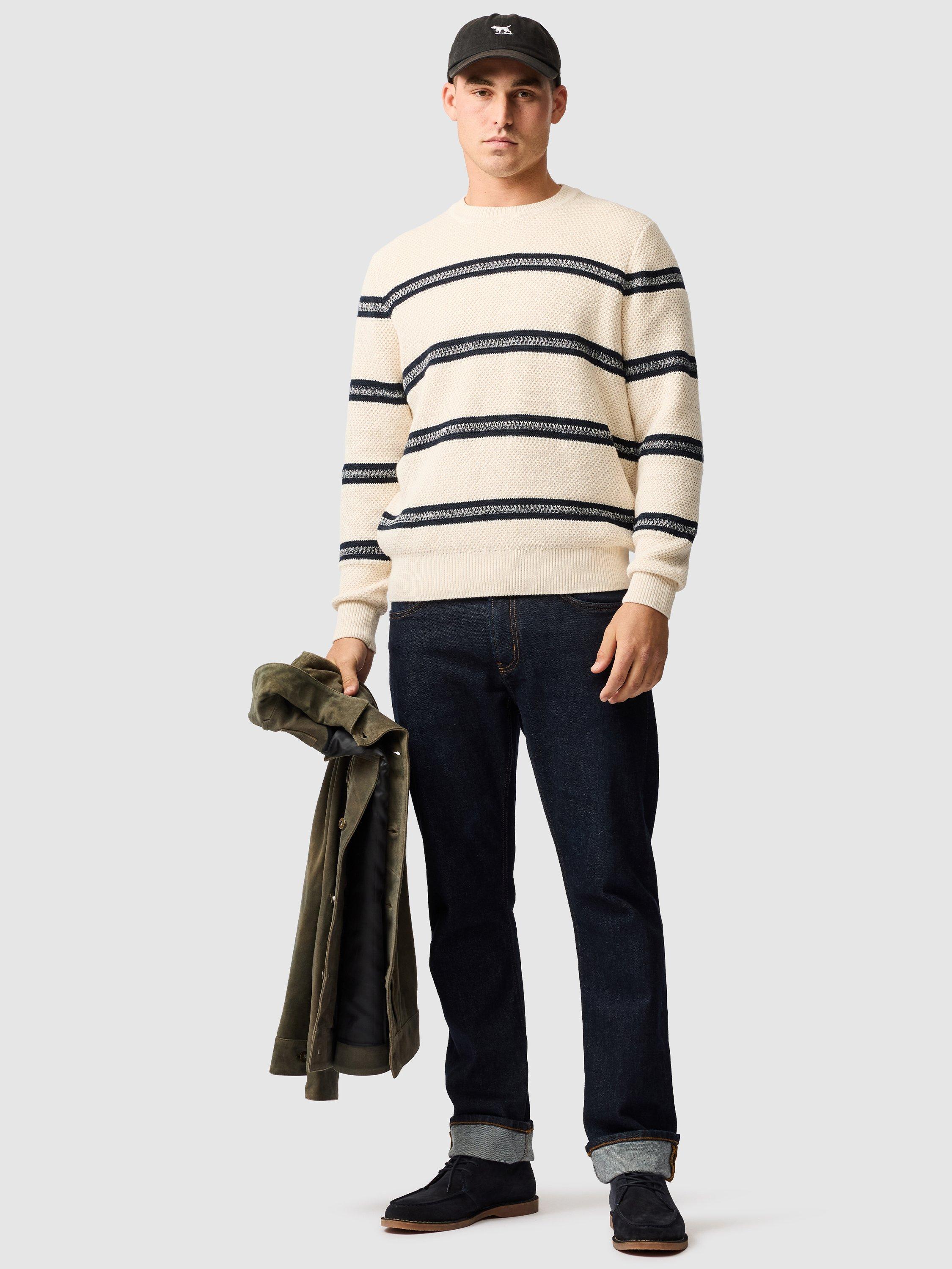 Product image 2 of 5, which shows Rodd & Gunn Highbrook Stripe Knitted Cotton Crew Neck Jumper, Sand, XS