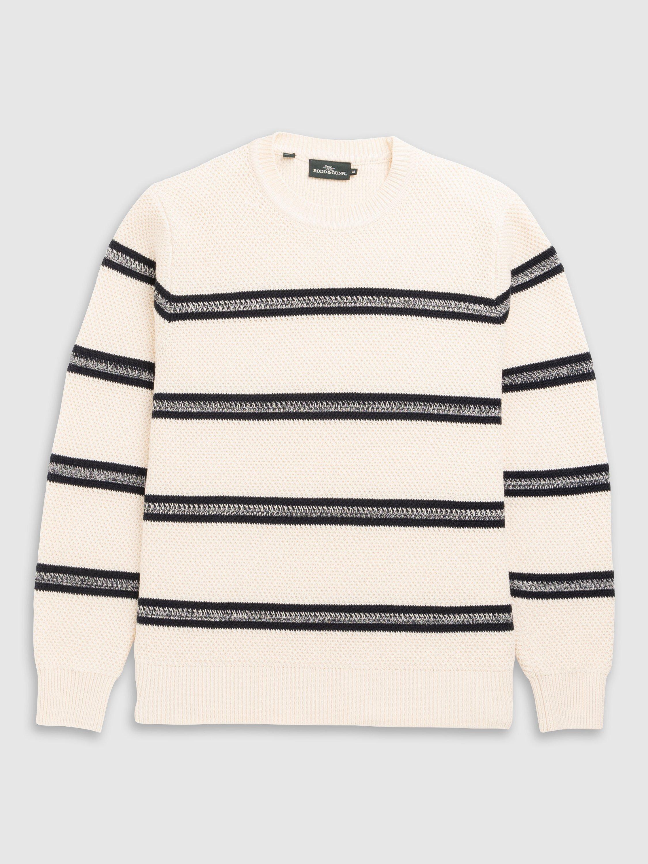 Product image 4 of 5, which shows Rodd & Gunn Highbrook Stripe Knitted Cotton Crew Neck Jumper, Sand, XS