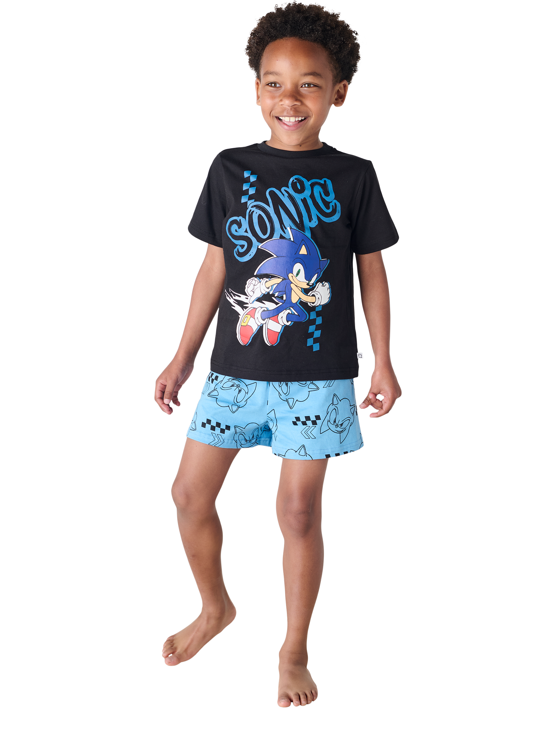 Product image 1 of 2, which shows Brand Threads Kids' Sonic The Hedgehog Cotton Shortie Pyjama Set, Black, 4-5 years