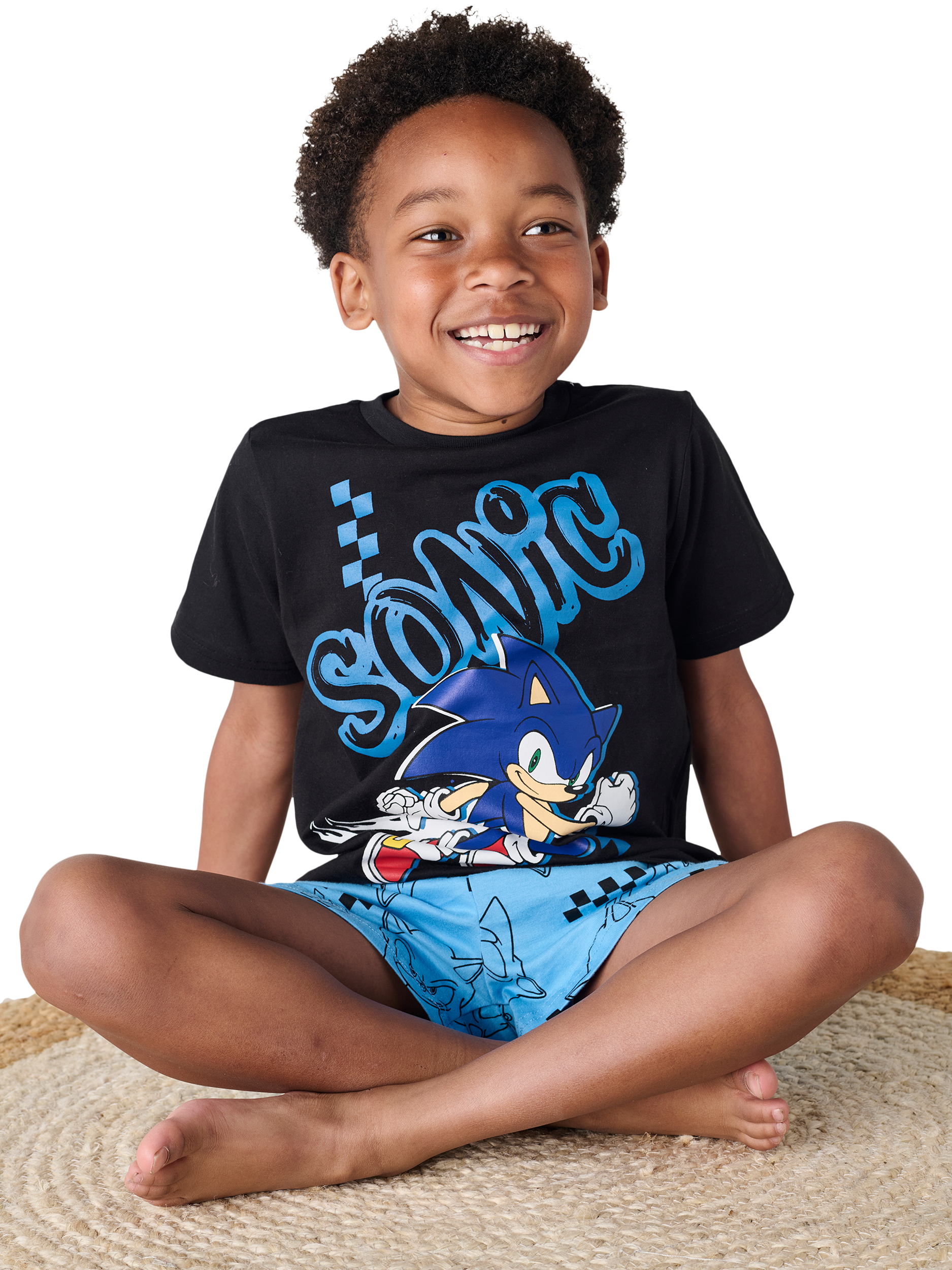 Product image 2 of 2, which shows Brand Threads Kids' Sonic The Hedgehog Cotton Shortie Pyjama Set, Black, 4-5 years