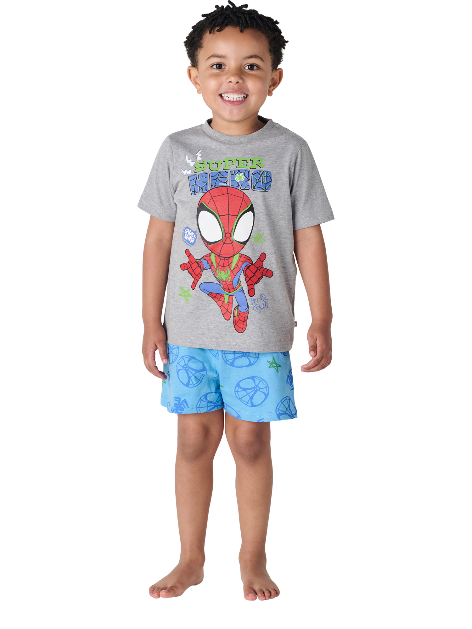 Product image 1 of 2, which shows Brand Threads Kids' Spidey & His Amazing Friends Cotton Shortie Pyjama Set, Multi, 2-3 years