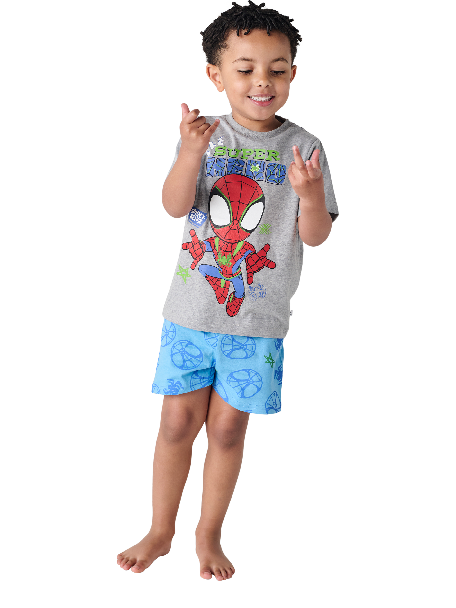 Product image 2 of 2, which shows Brand Threads Kids' Spidey & His Amazing Friends Cotton Shortie Pyjama Set, Multi, 2-3 years