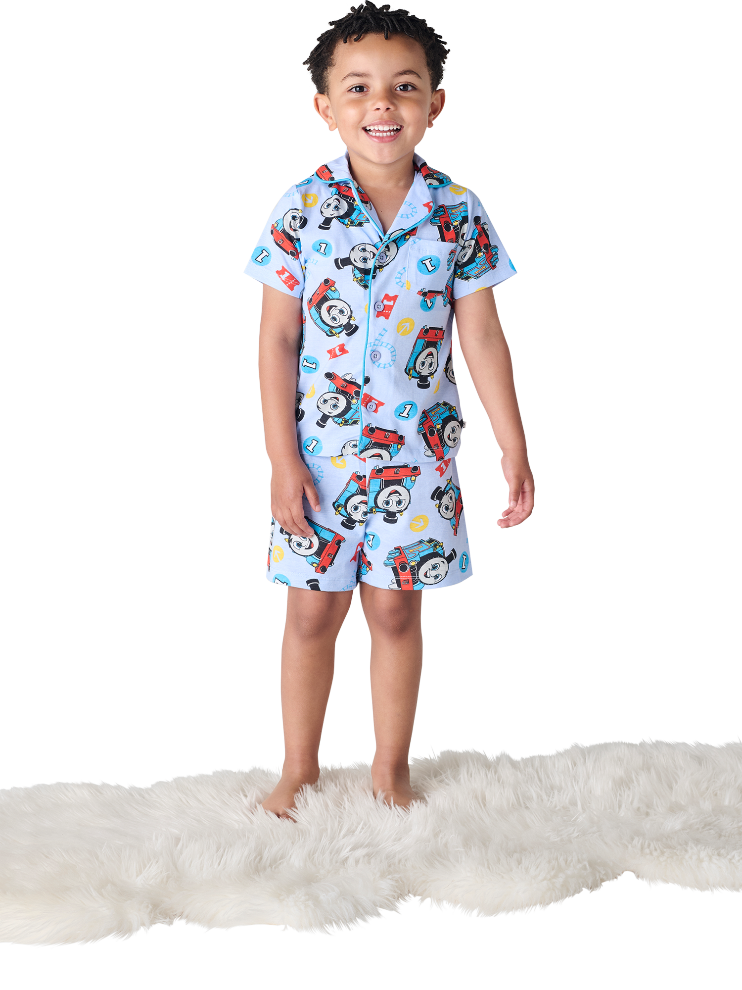 Product image 1 of 1, which shows Brand Threads Kids' Thomas The Tank Engine Cotton Shortie Pyjamas, Blue/Multi, 1-2 years