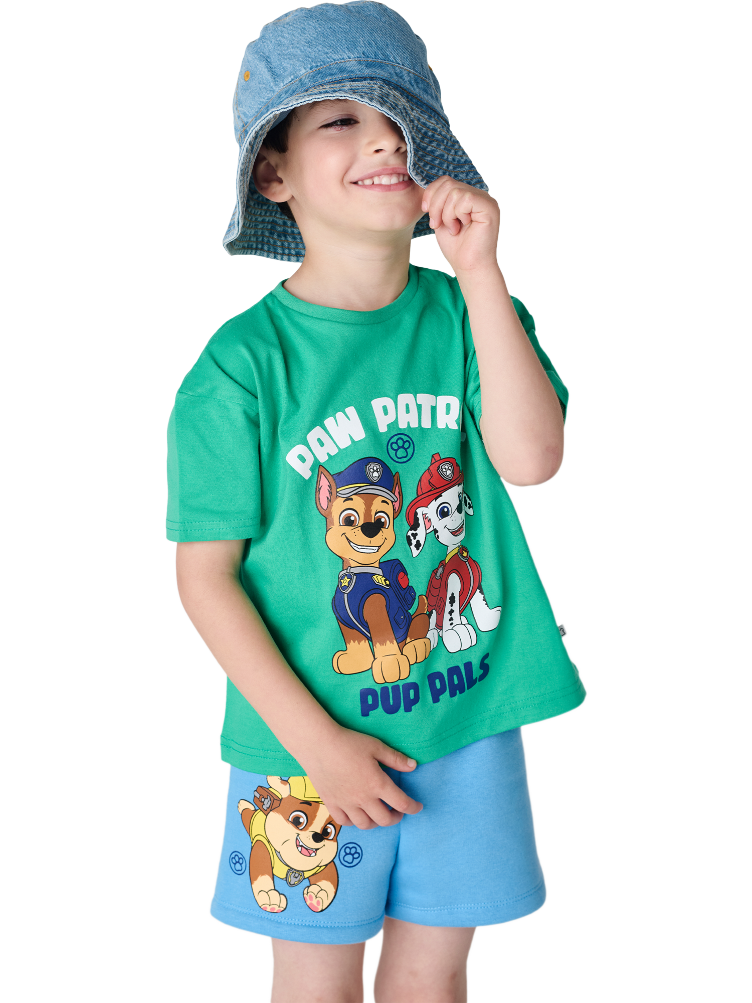 Product image 1 of 2, which shows Brand Threads Kids' Paw Patrol Cotton T-Shirt & Shorts Set, Multi, 3-4 years