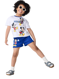 Brand Threads Kids' Mickey Mouse Cotton T-Shirt & Shorts Set, Multi - view 2, Multi