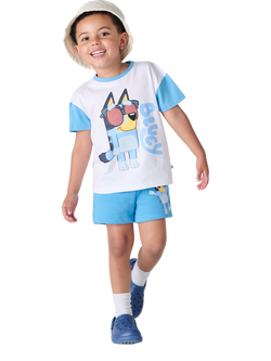Brand Threads Kids' Bluey Cotton T-Shirt & Shorts Set, Blue - view 2, Blue