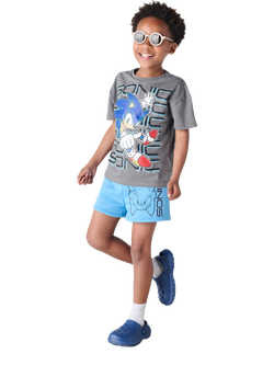 Brand Threads Kids' Sonic The Hedgehog Cotton T-Shirt & Shorts Set, Grey, Grey