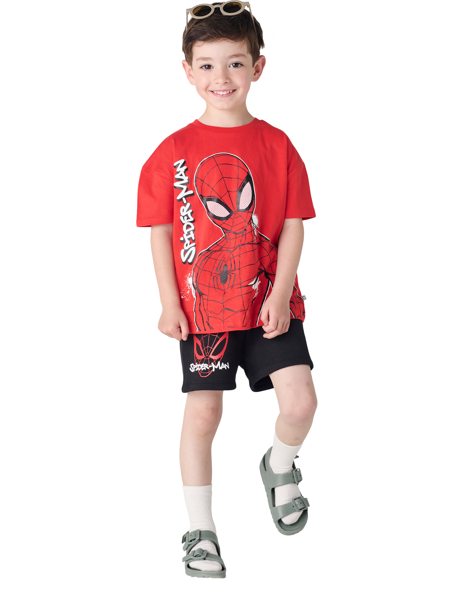 Product image 1 of 2, which shows Brand Threads Kids' Spiderman Cotton T-Shirt & Shorts Set, Red, 4-5 years