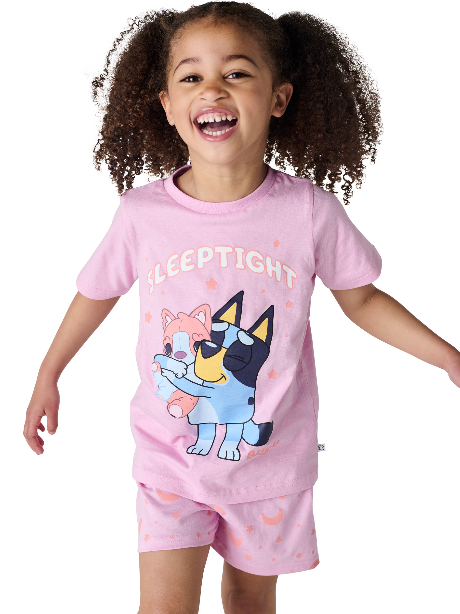 Product image 1 of 2, which shows Brand Threads Kids' Bluey Cotton Shortie Pyjama Set, Pink/Multi, 1-2 years