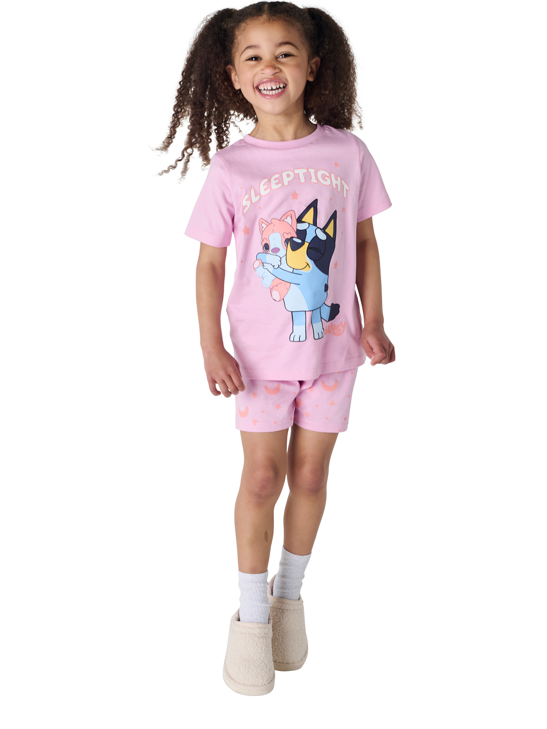 Product image 2 of 2, which shows Brand Threads Kids' Bluey Cotton Shortie Pyjama Set, Pink/Multi, 1-2 years