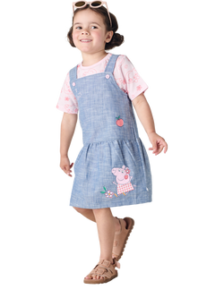 Brand Threads Kids' Peppa Pig Cotton Pinafore Dress & T-Shirt Dress, Pink/Blue, Pink/Blue
