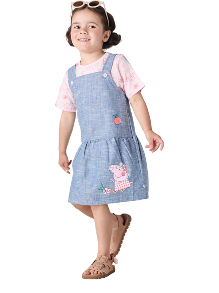 Brand Threads Kids' Peppa Pig Cotton Pinafore Dress & T-Shirt Dress, Pink/Blue, Pink/Blue