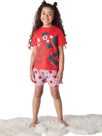 Brand Threads KIds' Minnie Mouse Cotton Shortie Pyjama Set, Red/Multi, Red/Multi