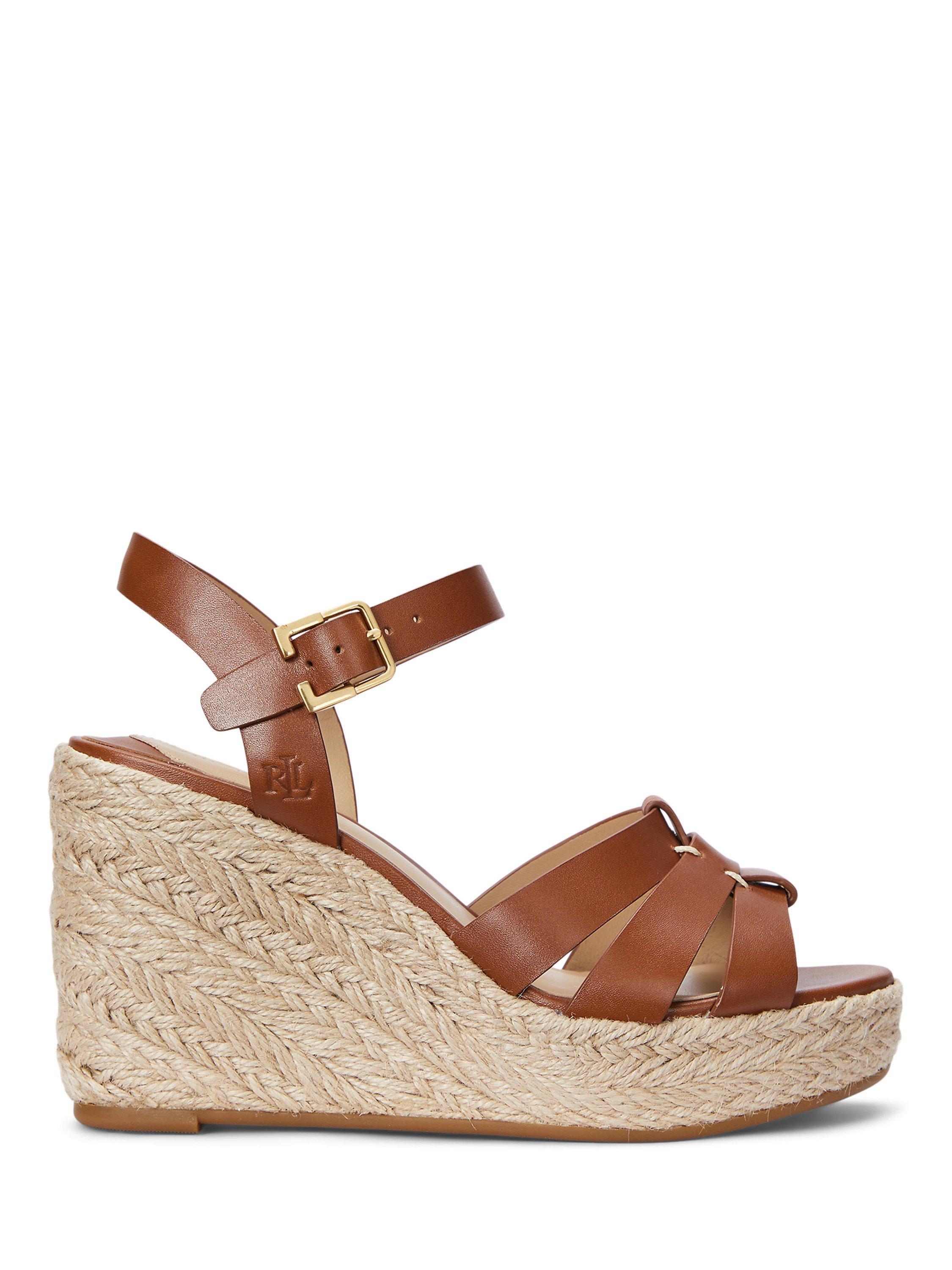 Product image 1 of 4, which shows Lauren Ralph Lauren Soffia Leather Wedge Heeled Espadrilles, Dark Brown, 3
