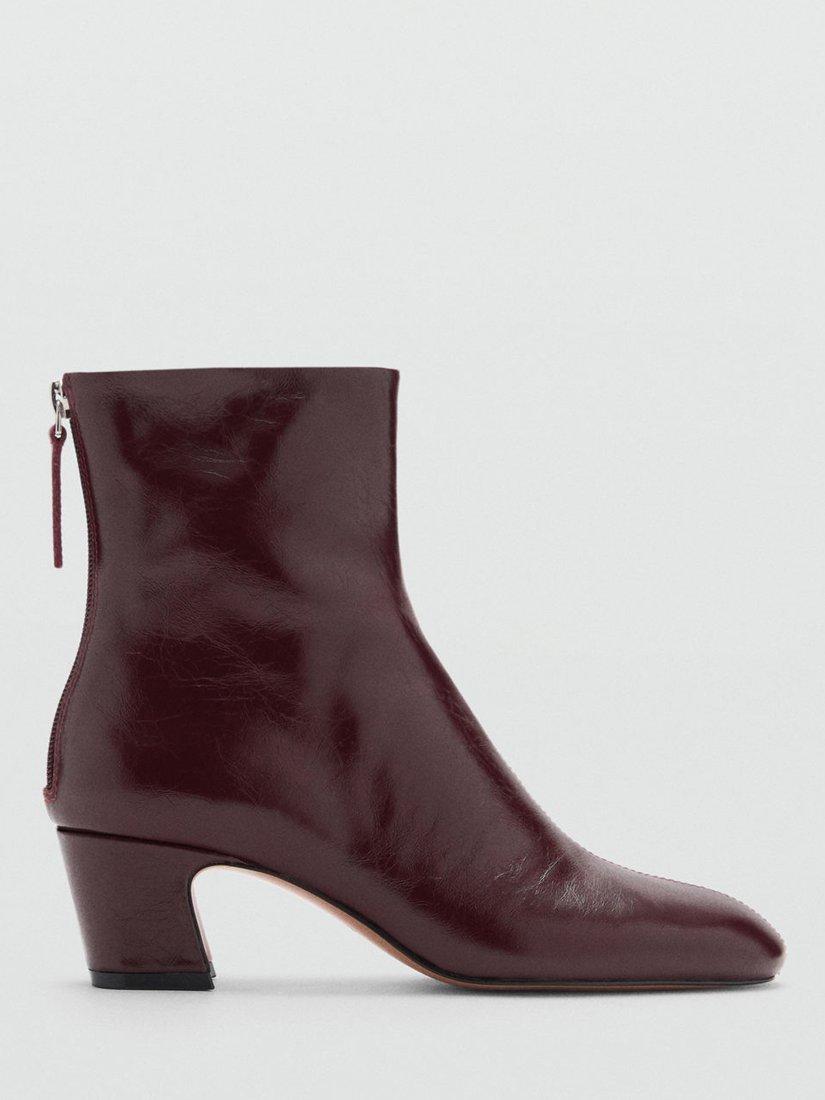Mango Claire Leather Heeled Ankle Boots, Dark Red