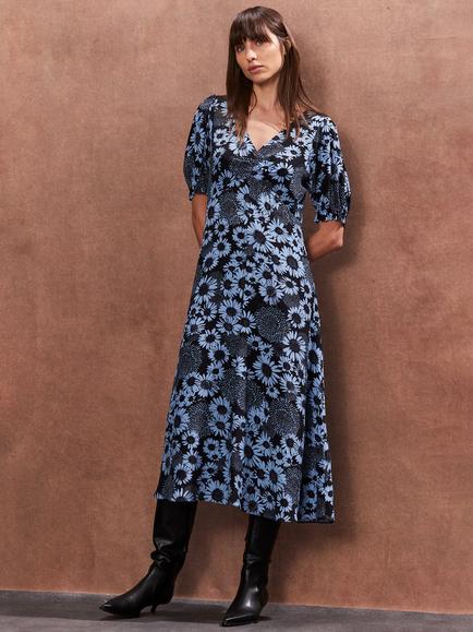 Ro&Zo Daisy Print Ruched Front Dress, Blue/Black, Blue/Black