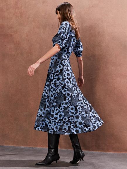 Ro&Zo Daisy Print Ruched Front Dress, Blue/Black - view 2, Blue/Black